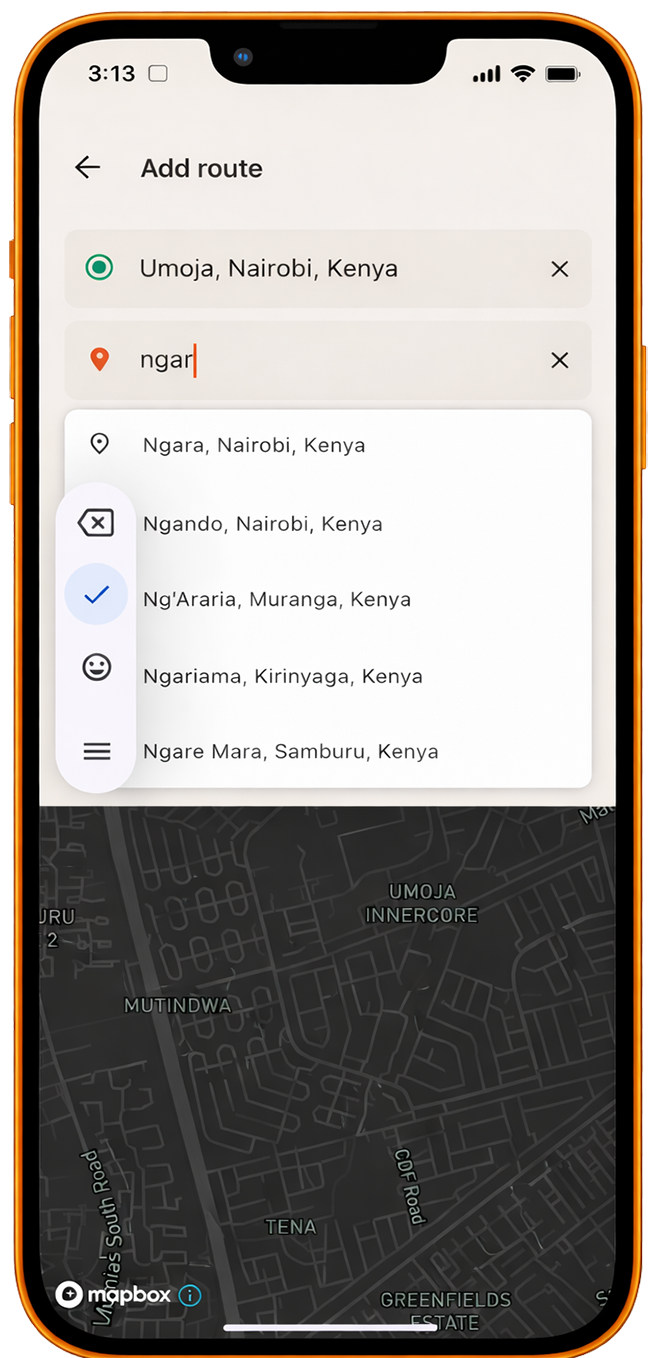 Rada app — add a commute route screen with origin and destination search on a dark map of Nairobi