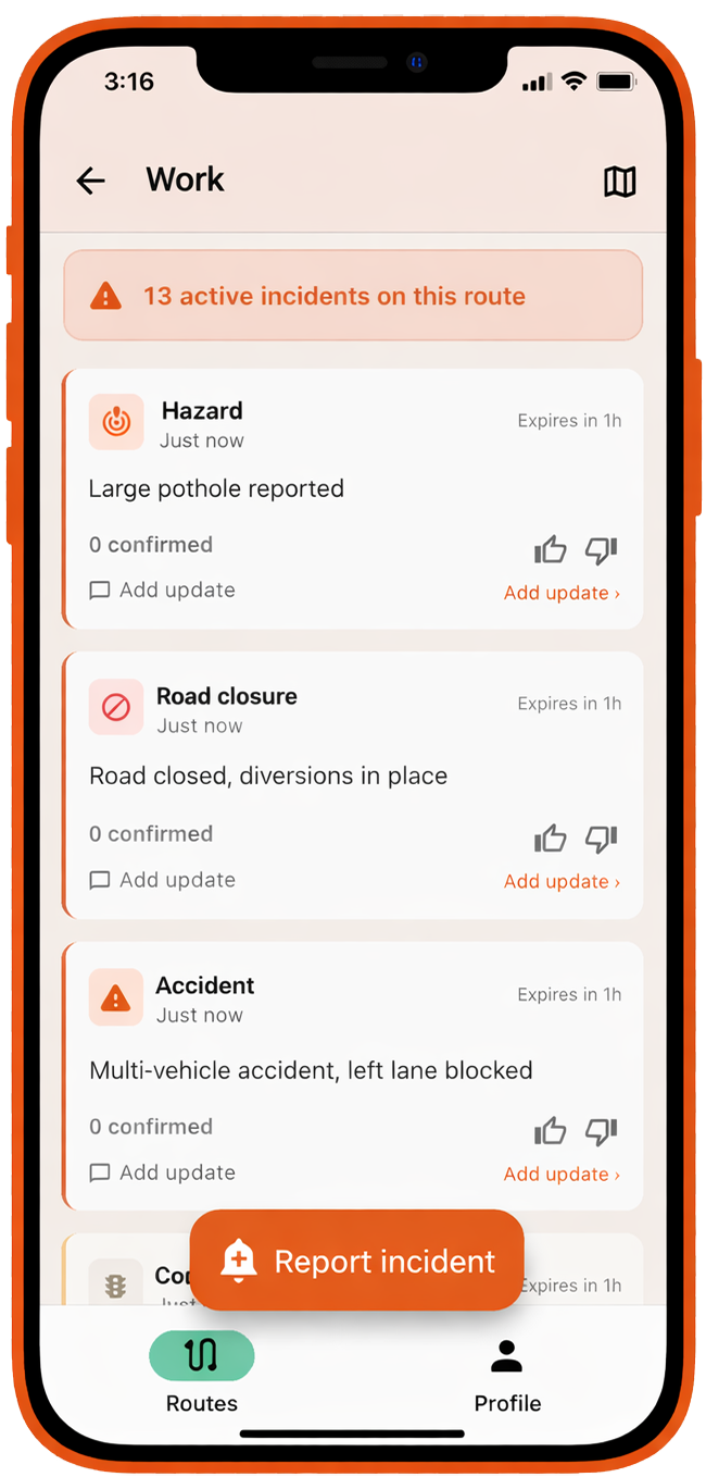 Rada app — report incident screen with category picker and map pin to mark location
